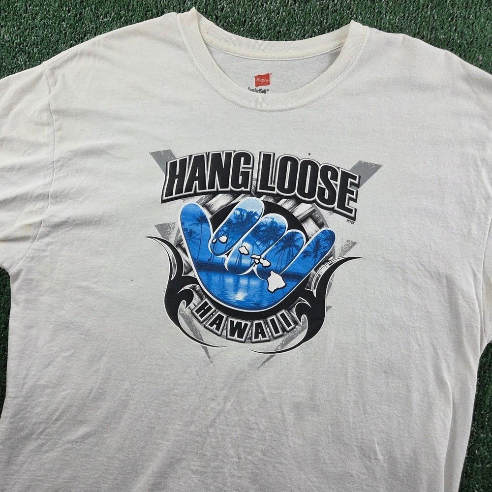 Hanes Hang Loose Hawaii Shaka Graphic T-Shirt Mens XL White Heavyweight Cotton